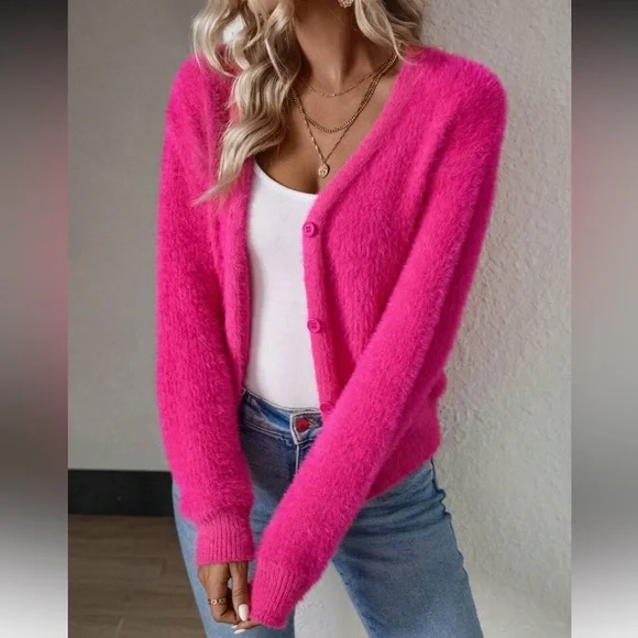 Women's Fuzzy Watermelon Pink Cardigan Sweater